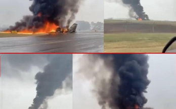 passenger plane crash smoke and flames scene