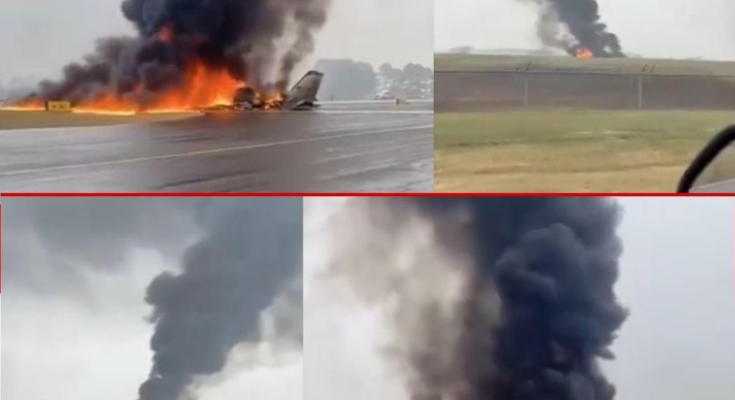 passenger plane crash smoke and flames scene