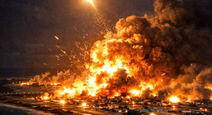 Intense lightning over city before attacks