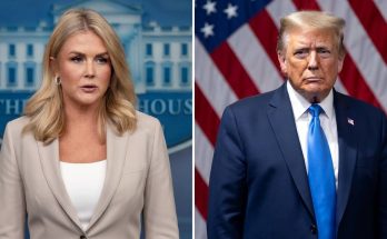 A split image showing a woman in a beige blazer in front of a White House backdrop and a