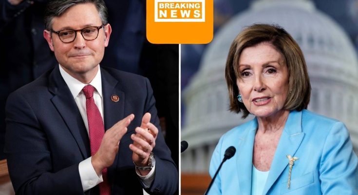 Split image showing Mike Johnson clapping in a dark suit with red tie on the left, and