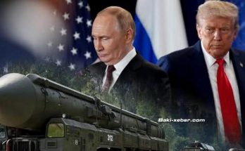 A composite image showing Vladimir Putin and Donald Trump with a military missile
