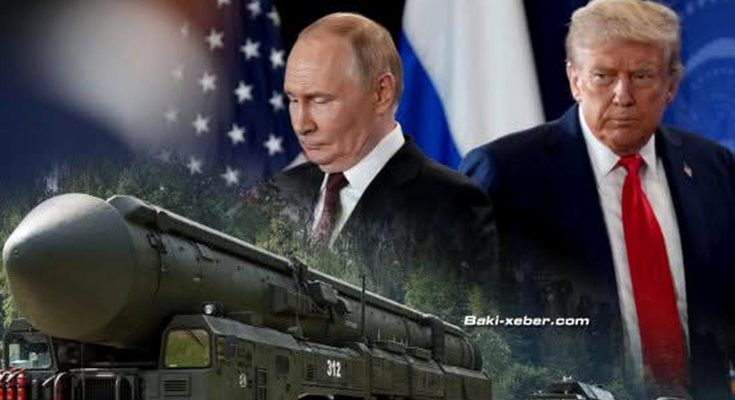 A composite image showing Vladimir Putin and Donald Trump with a military missile