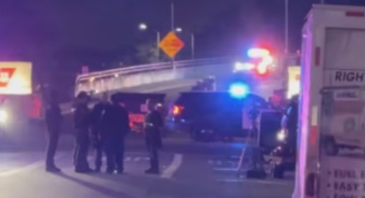 Night police emergency scene under bridge