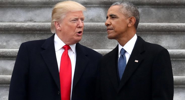 barack Obama speaking at podium, Donald Trump arms crossed, both men standing on stone