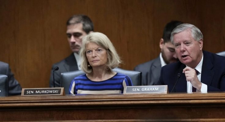 senator Lindsey Graham speaks at a Senate hearing, with nameplate visible and text