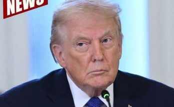 donald Trump at press conference with 'Breaking News' graphic and text overlay announcing