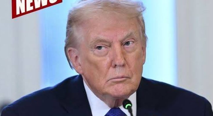 donald Trump at press conference with 'Breaking News' graphic and text overlay announcing