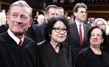 supreme Court justices in black robes stand solemnly in a courtroom with text overlay