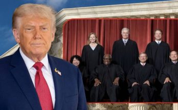 former President Donald Trump stands before Supreme Court building with inset photo of