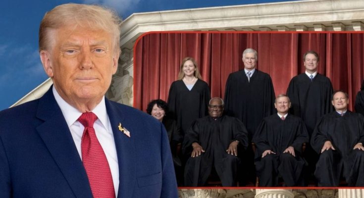 former President Donald Trump stands before Supreme Court building with inset photo of