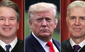 three men in judicial robes and suits against red drapes, including Donald Trump