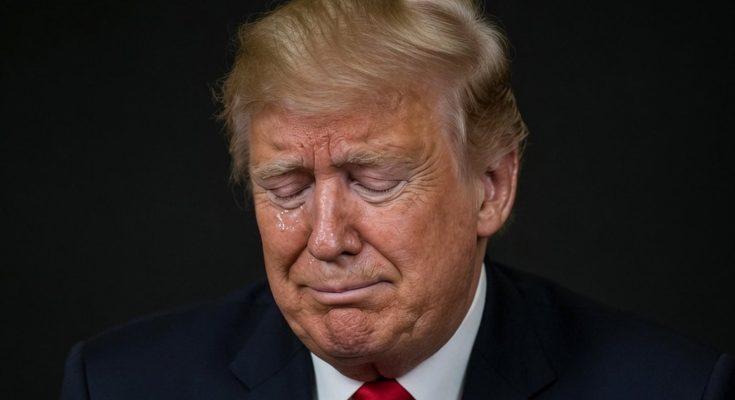 donald Trump in a dark suit and red tie, eyes closed with a tear, overlaid with bold text