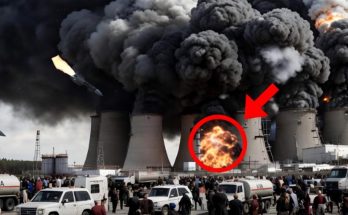 russian missiles with flag markings strike industrial cooling towers as crowds and