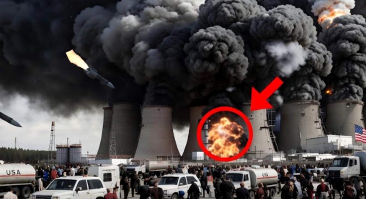 russian missiles with flag markings strike industrial cooling towers as crowds and