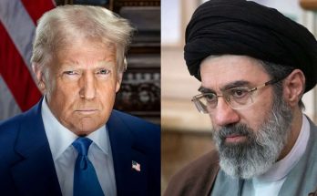 donald Trump and Iranian Supreme Leader Ayatollah Khamenei above oil tankers and warships