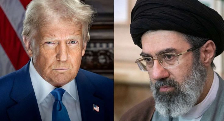 donald Trump and Iranian Supreme Leader Ayatollah Khamenei above oil tankers and warships
