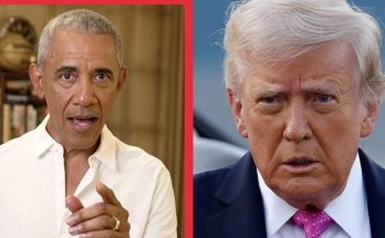 barack Obama gesturing in white shirt inset beside Donald Trump in navy suit with pink