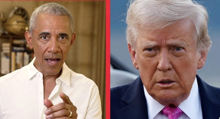 barack Obama gesturing in white shirt inset beside Donald Trump in navy suit with pink