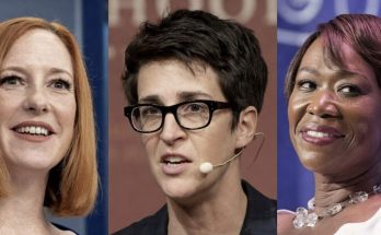 three MSNBC hosts, including Rachel Maddow, appear in a split-screen image with on-screen