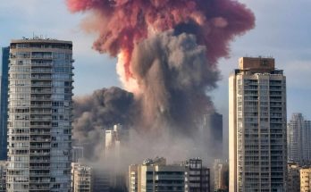 massive pink and gray smoke plume erupts from city buildings under clear blue sky