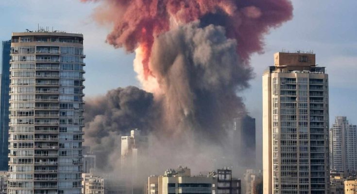 massive pink and gray smoke plume erupts from city buildings under clear blue sky