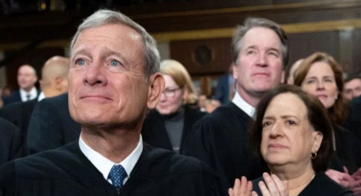 supreme Court justices in black robes applauding with bold headline text reading