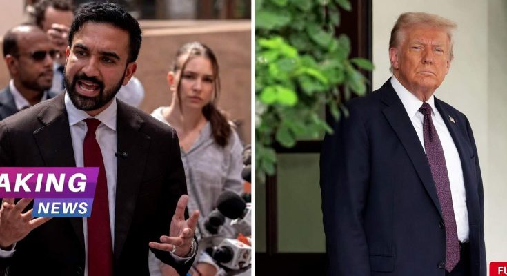 man in suit speaking at press conference with 'Breaking News' graphic; Donald Trump