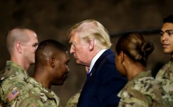 donald Trump points to soldiers marching away with 'THEY QUIT' text overlay