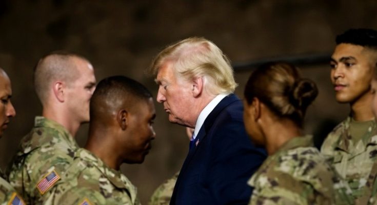 donald Trump points to soldiers marching away with 'THEY QUIT' text overlay