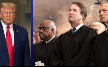 supreme Court justices in robes stand beside former President Trump in a breaking news