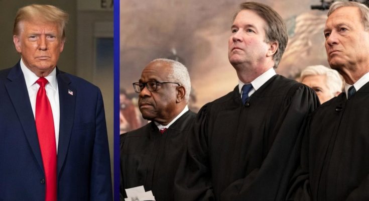 supreme Court justices in robes stand beside former President Trump in a breaking news