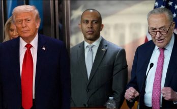 three men in suits at a podium with American flag, text overlay about Senate passing